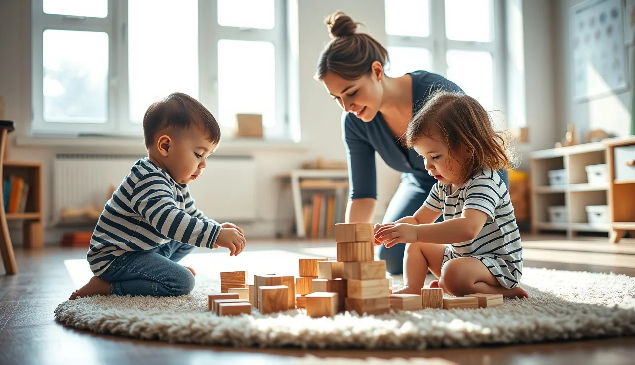 Childcare teacher kneeling with toddlers playing blocks in sunlit classroom