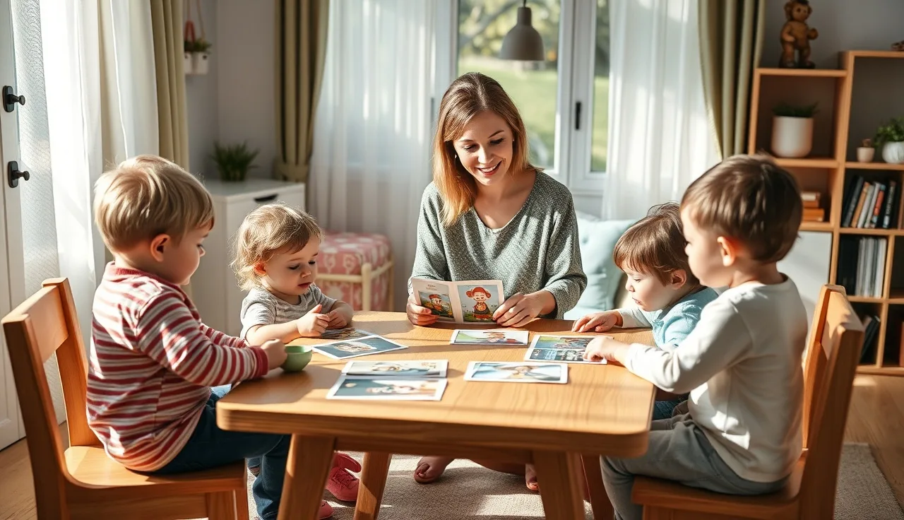 Child care provider working with toddlers at a table in a California home daycare