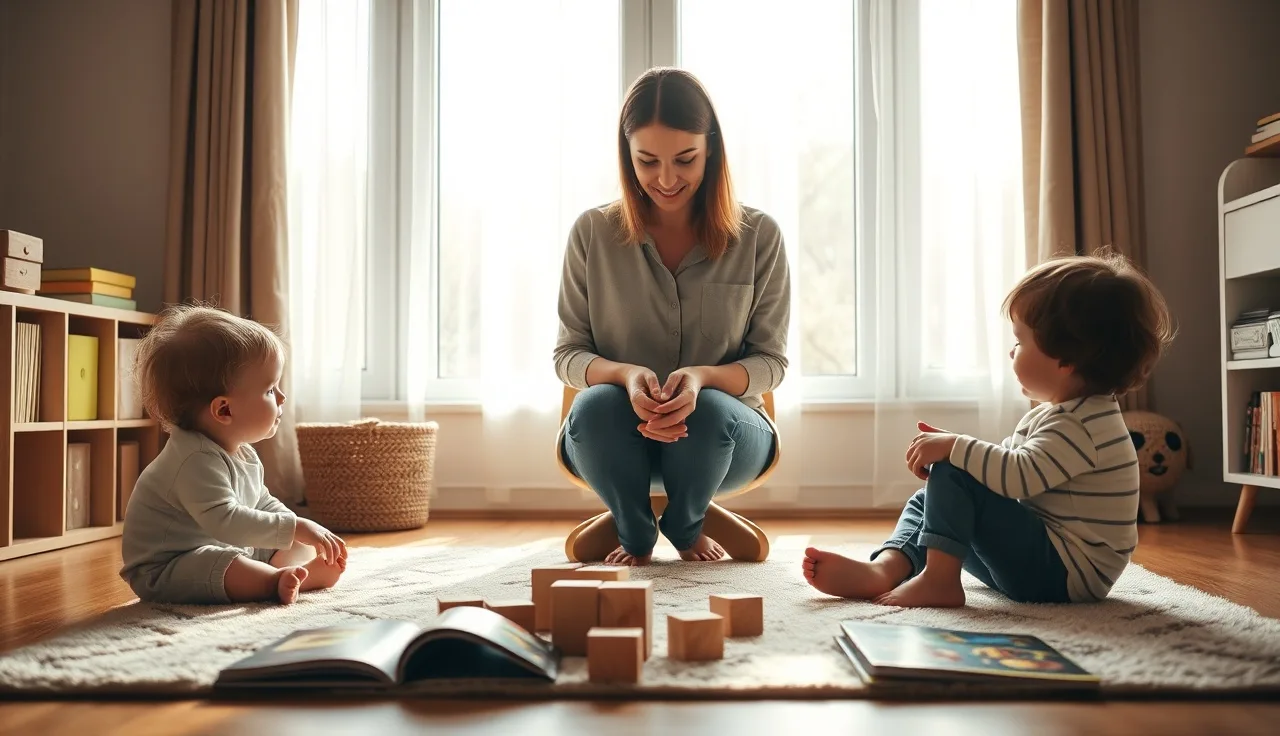A child care provider sitting at toddler level in a home daycare room