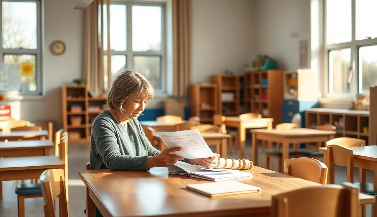 Childcare educator reviewing CDA training notes at a classroom table