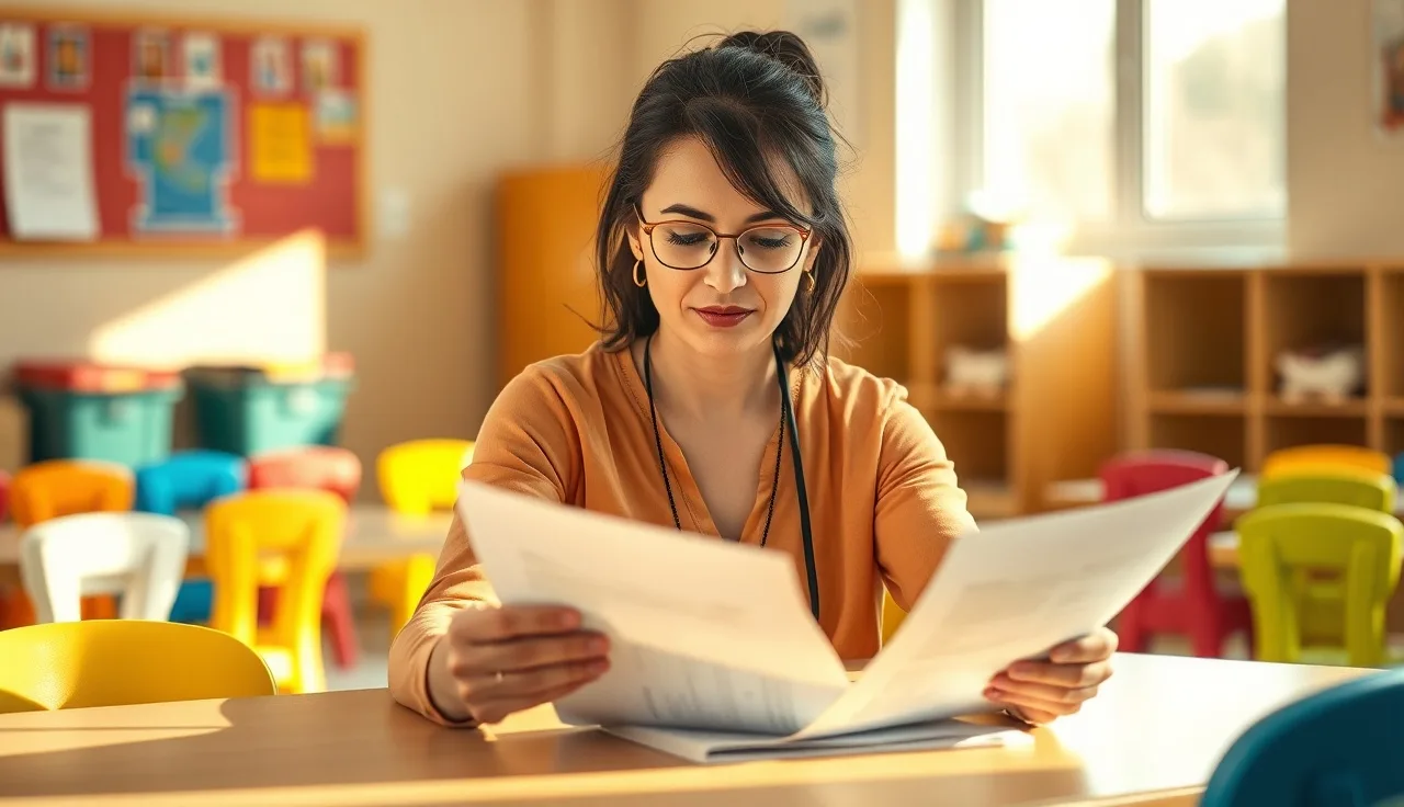 Childcare educator reviewing CDA credential paperwork at a classroom table