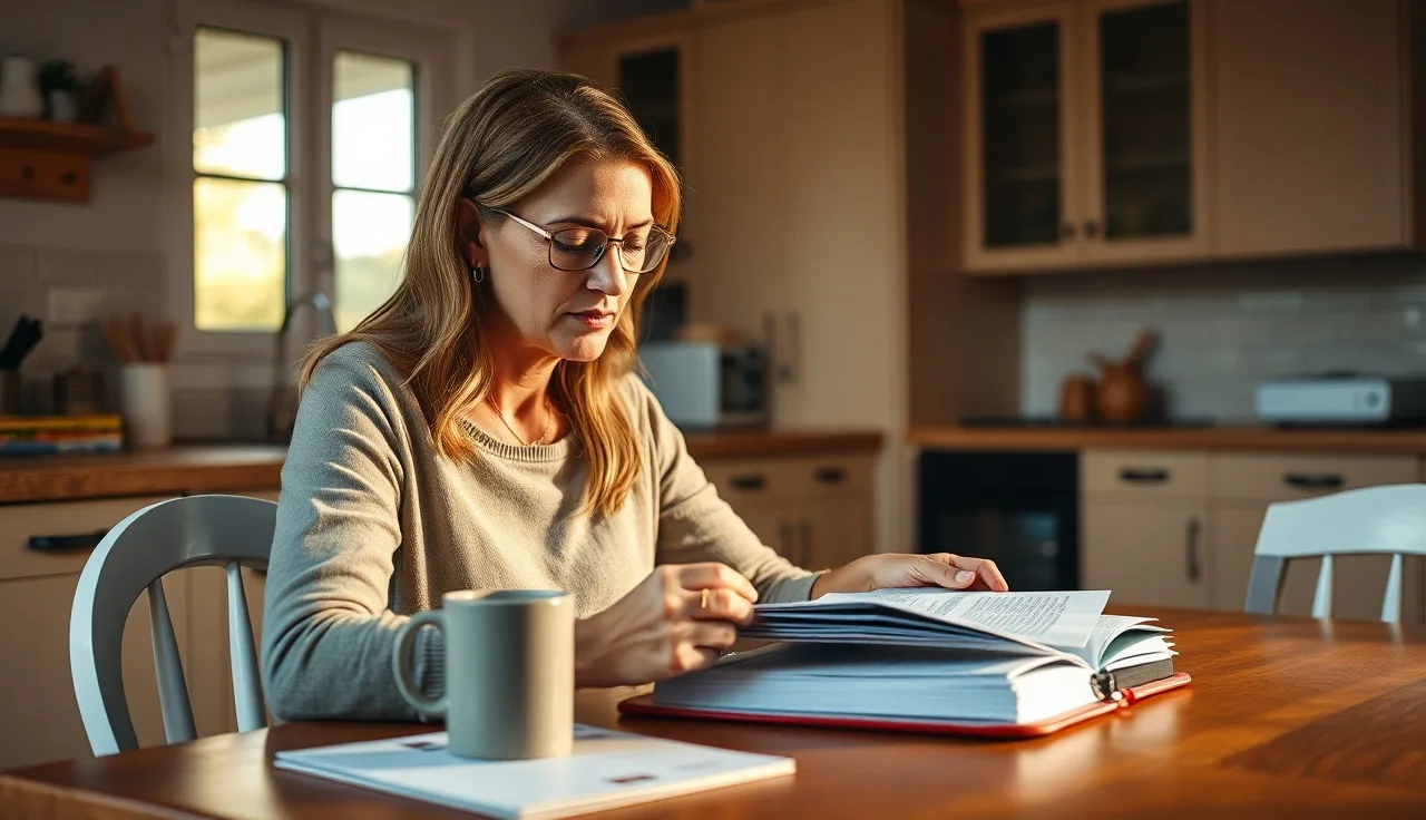 Home daycare provider studying CDA credential course materials at a kitchen table