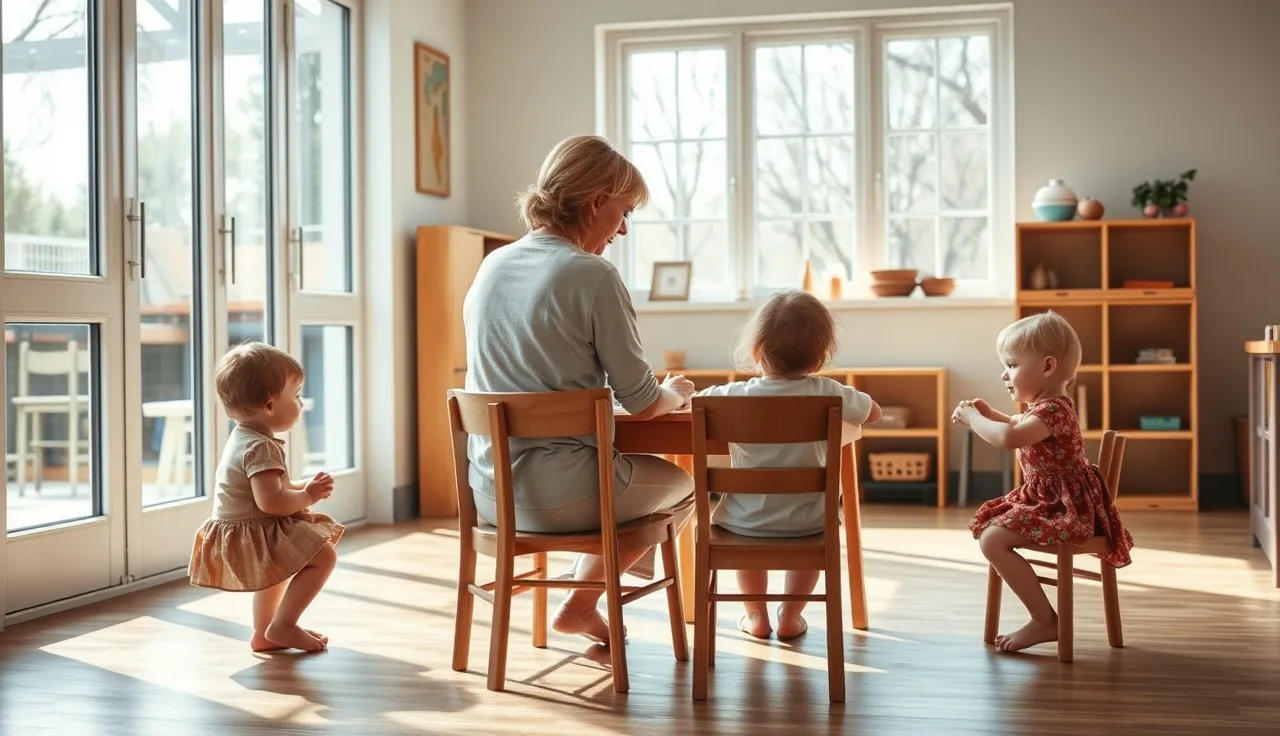 Early childhood teacher working with toddlers at a small classroom table