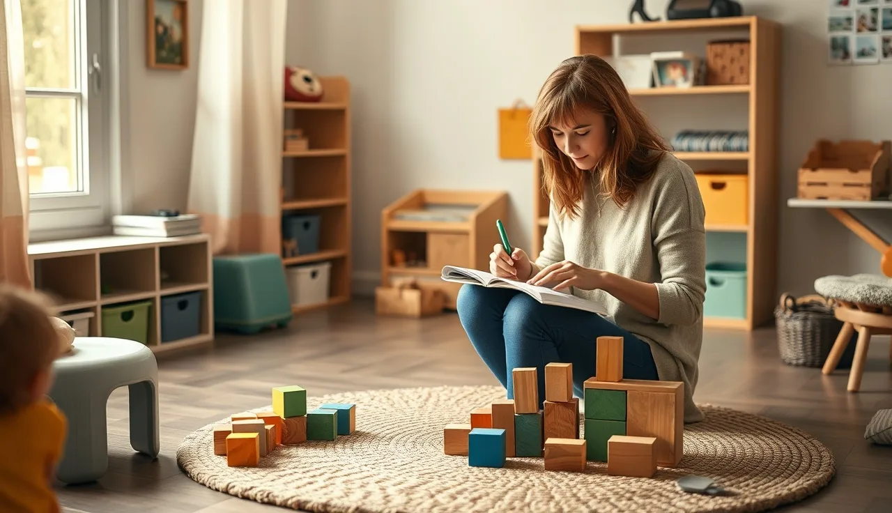 Childcare provider reviewing child observation notes at a low classroom table