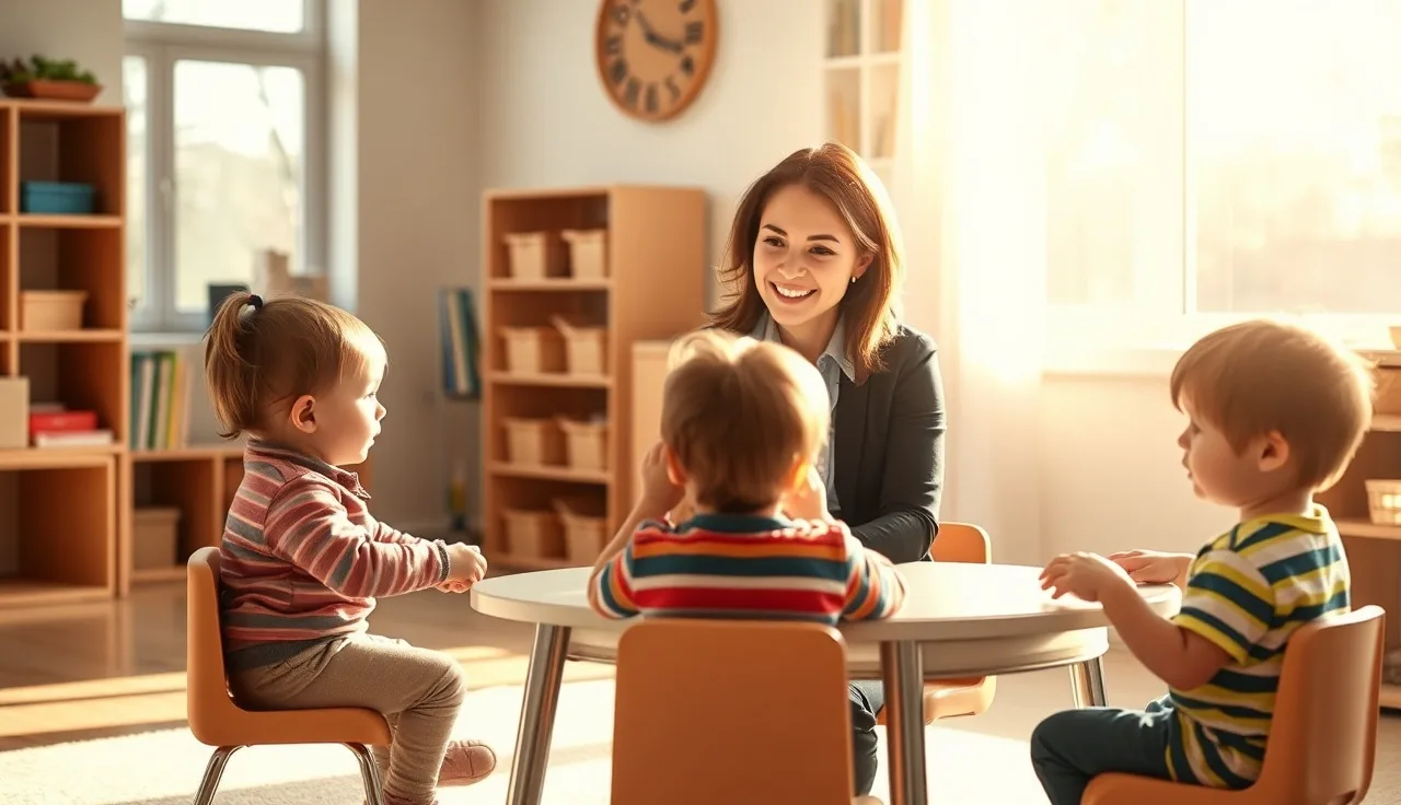Early childhood educator working with toddlers at a table in a sunlit classroom