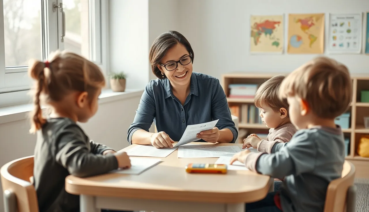 Early childhood educator reviewing credential papers with toddlers at a classroom table