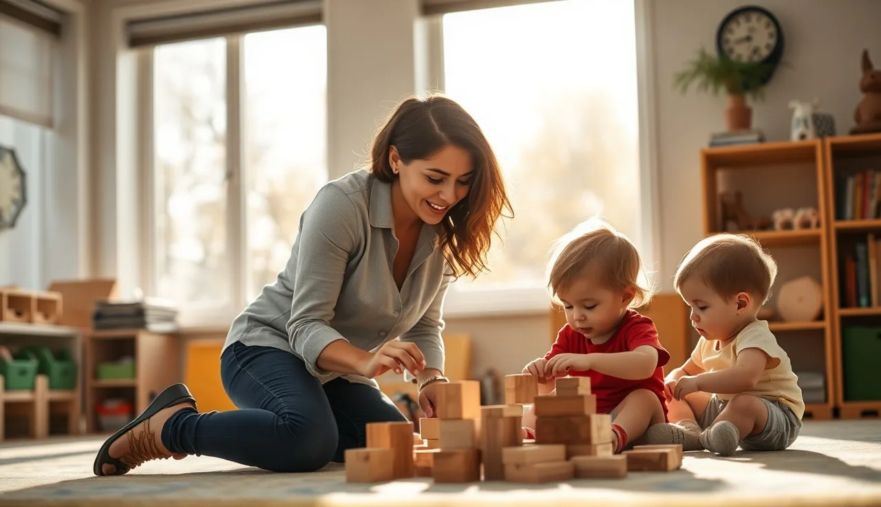 Childcare provider watching toddlers play with wooden blocks in a bright classroom