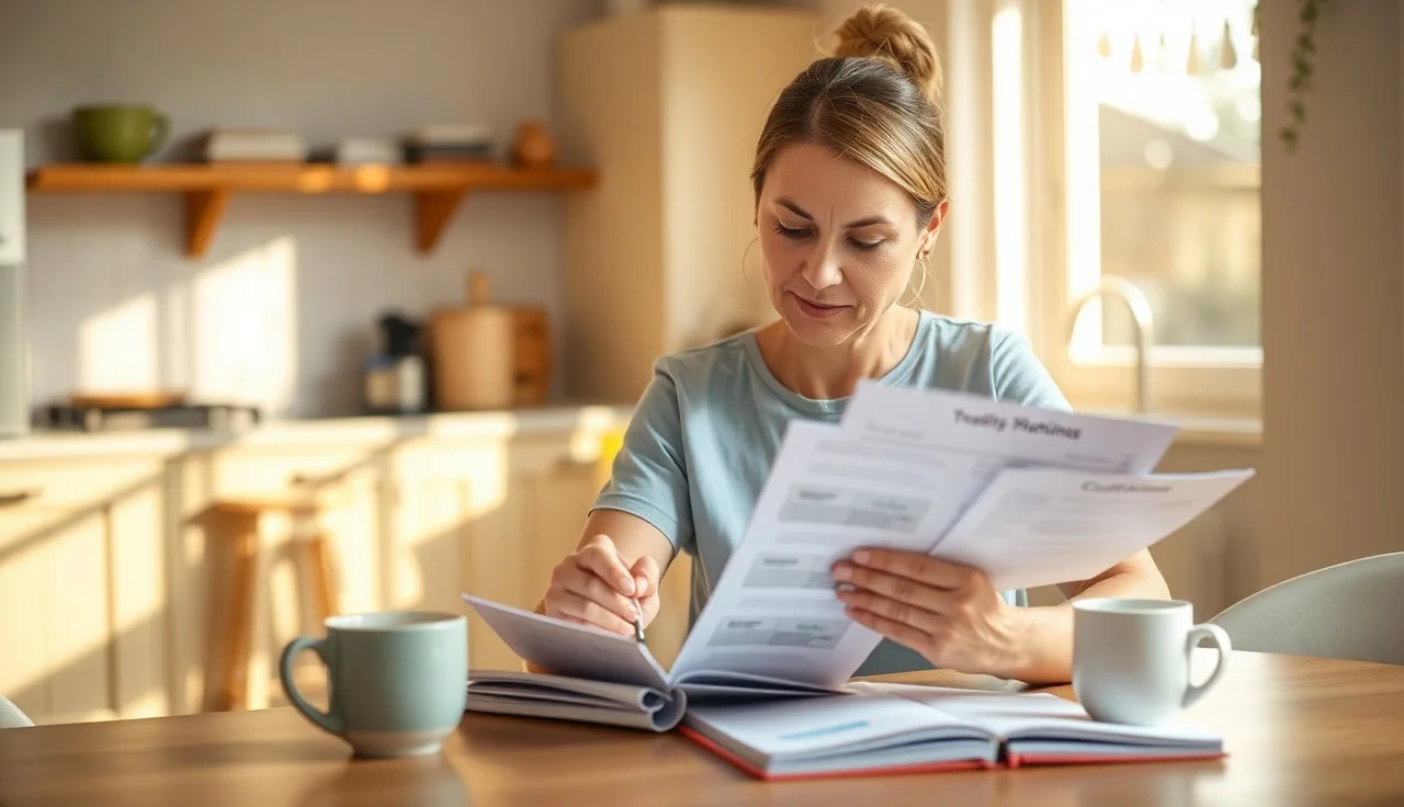 Childcare provider reviewing CDA renewal documents and training certificates at home