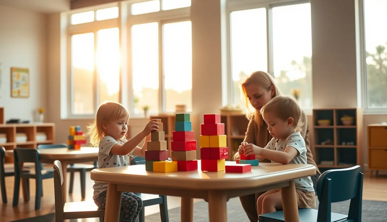 Childcare teacher sitting with toddlers at a low table building blocks in a sunny Florida daycare classroom