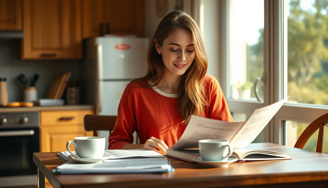 Young woman studying childcare credential materials at a kitchen table in natural light