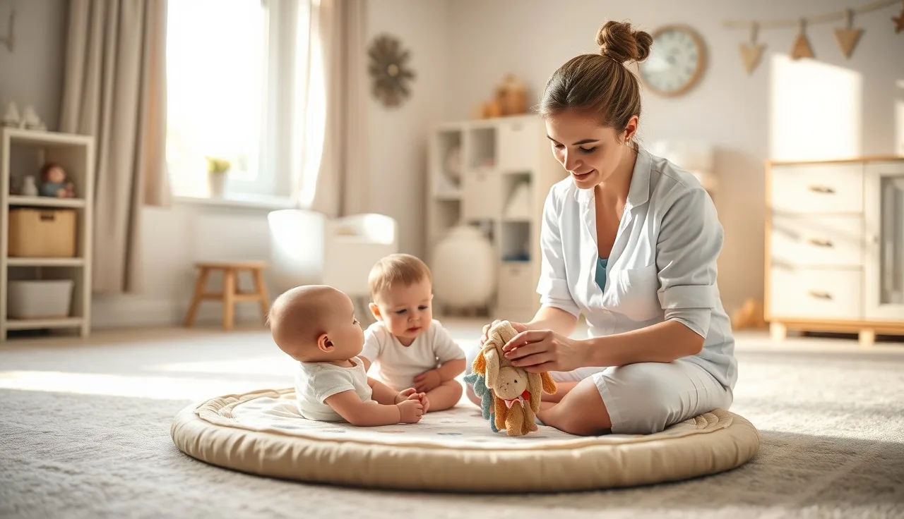 Caregiver engaging with two infants on a play mat in a licensed infant room