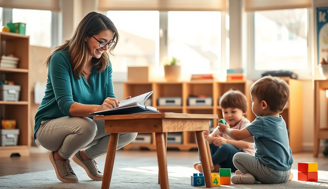 Childcare educator reviewing CDA portfolio notes in a licensed NJ daycare classroom