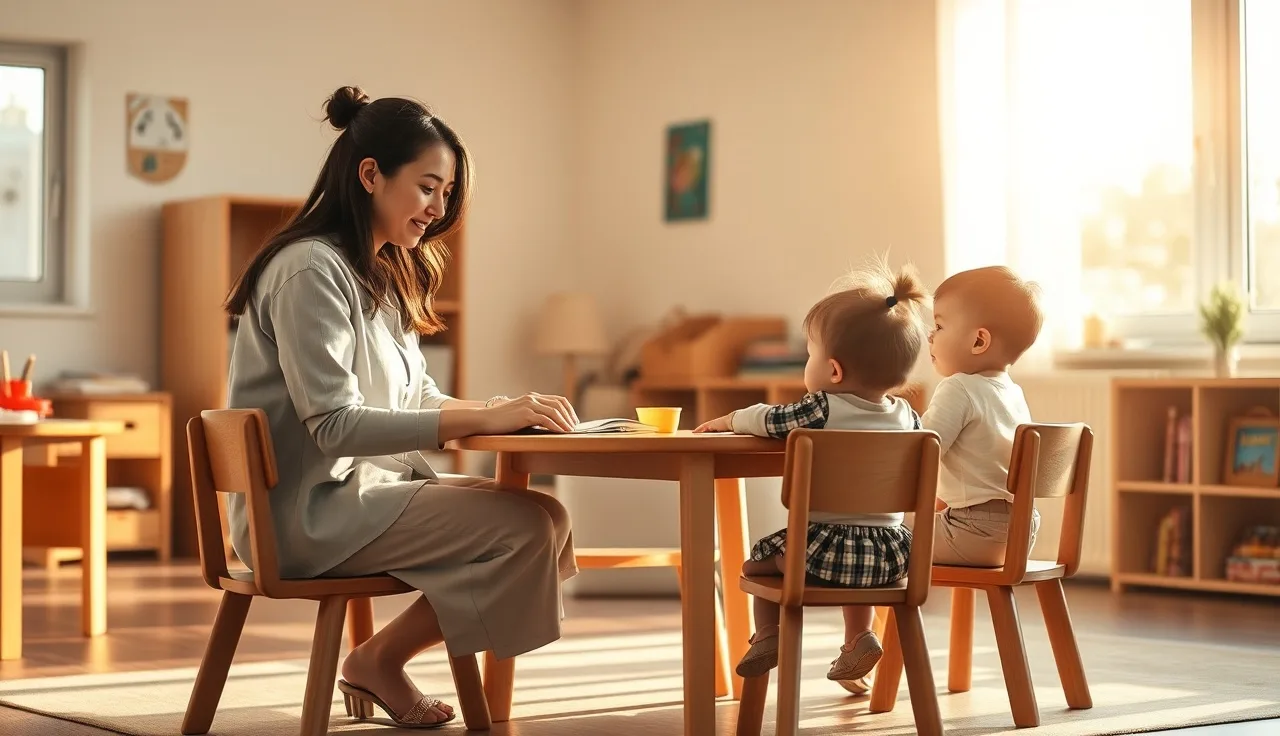 Child care teacher sitting with toddlers at a small table in a licensed Indiana daycare classroom