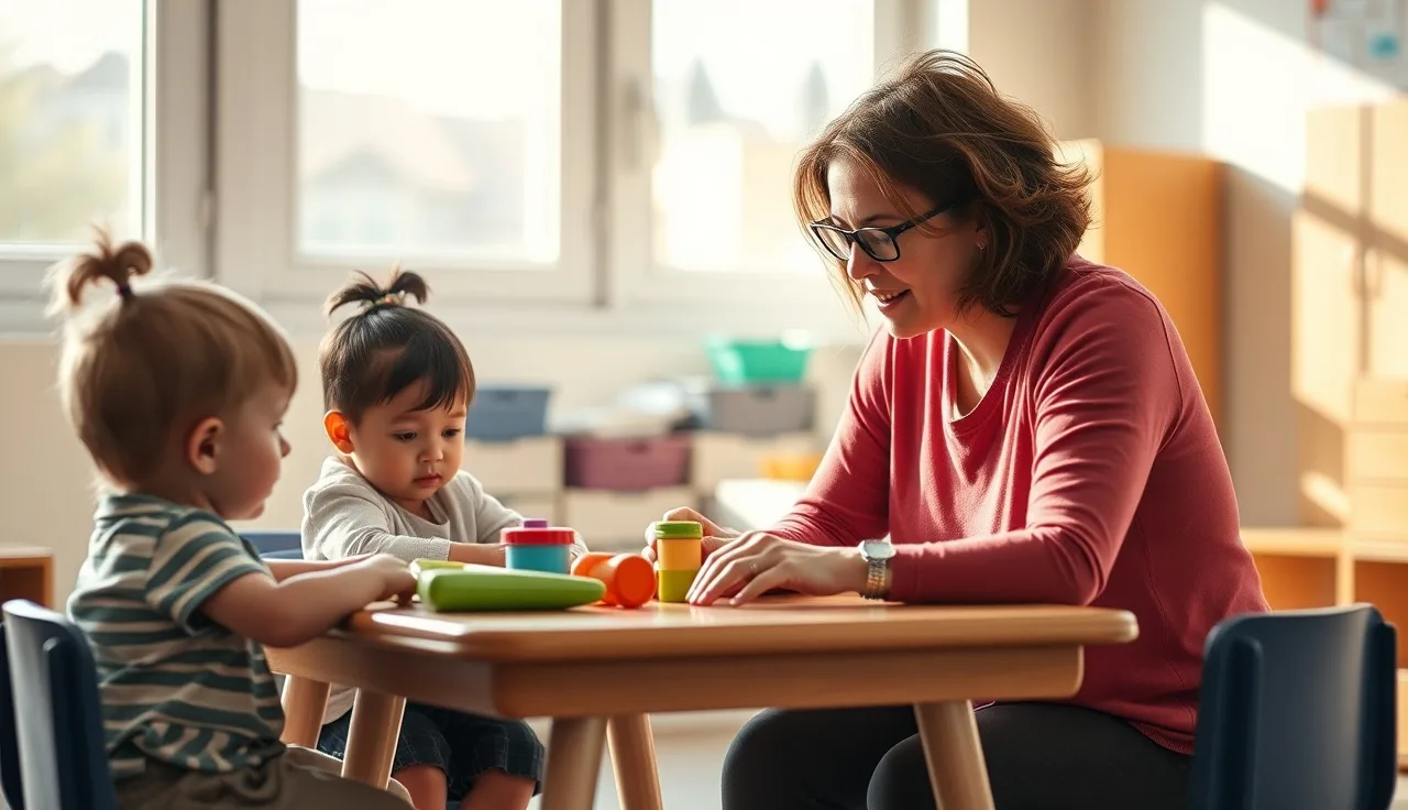 Early childhood educator working with toddlers at a low table in a daycare classroom