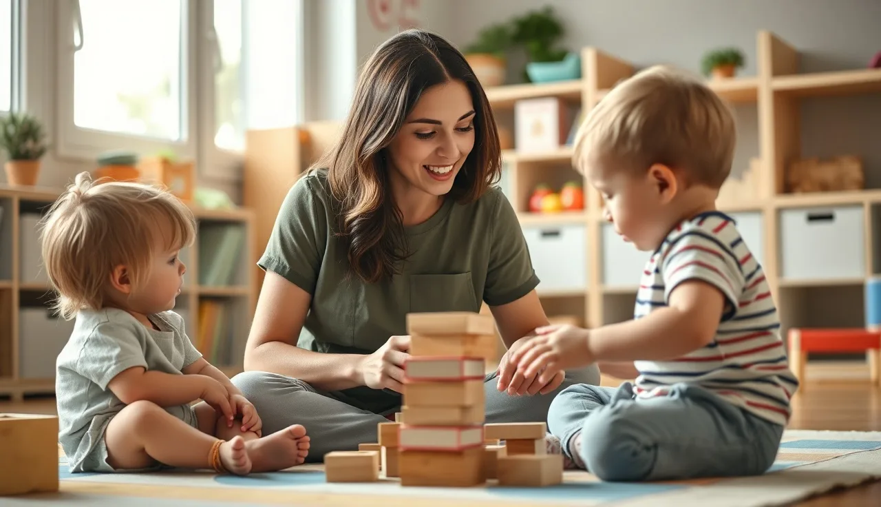 Childcare worker and toddlers playing with blocks in a sunlit classroom