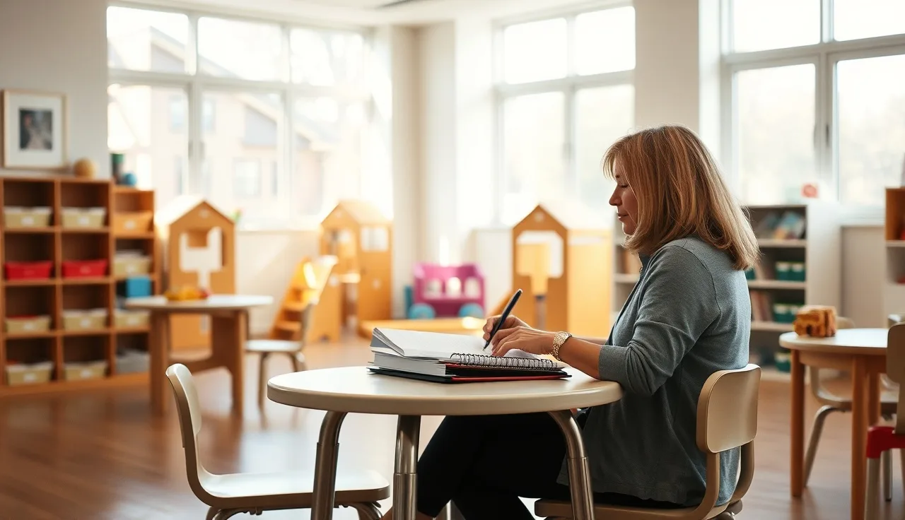 Childcare educator reviewing CDA portfolio notes in a sunlit Memphis classroom
