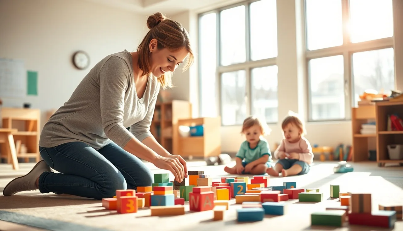 Childcare educator organizing blocks with toddlers in a licensed Minnesota daycare classroom