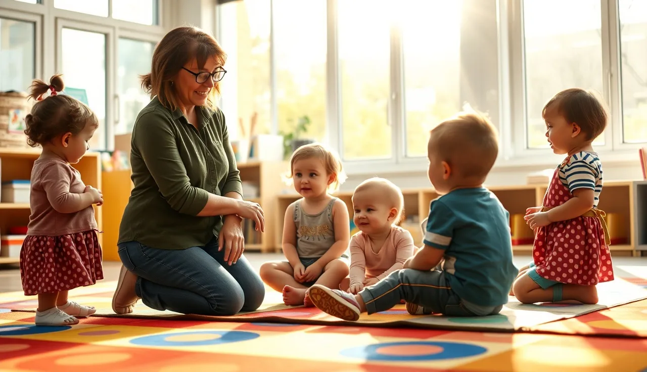 Childcare educator working with toddlers in a sunlit licensed classroom