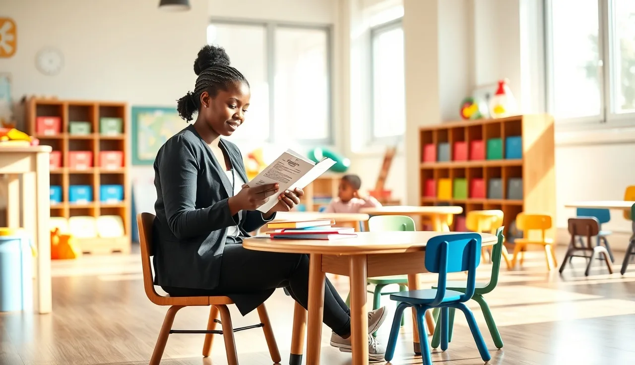 Early childhood educator reviewing CDA credential documents in a sunlit NC classroom