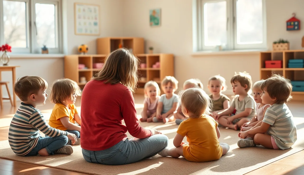 Childcare teacher sitting with toddlers on a classroom floor during circle time