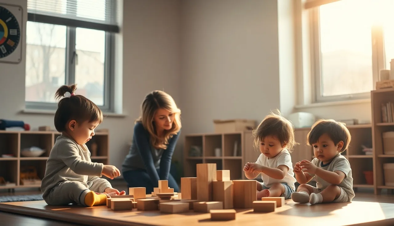 Childcare teacher working with toddlers at a low table in a New York daycare room