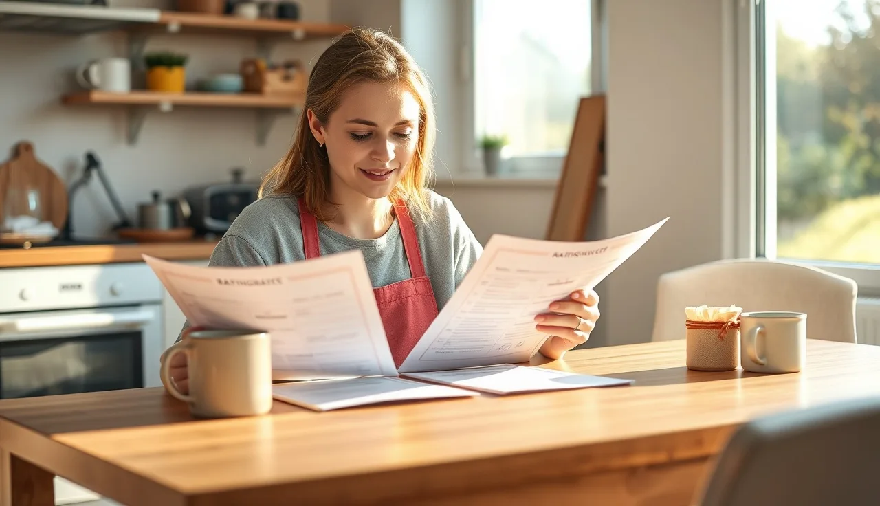Childcare provider reviewing CDA training certificates at a kitchen table
