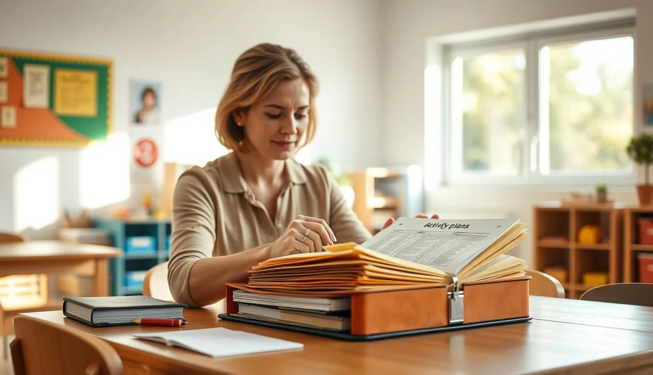 Childcare provider organizing CDA credential portfolio binder at classroom table
