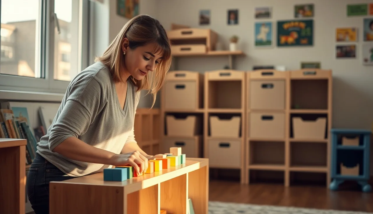 Childcare provider organizing classroom learning materials for CDA credential preparation