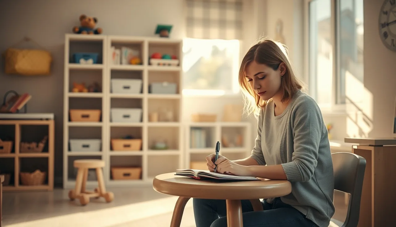 Child care provider writing notes in a small daycare classroom in morning light