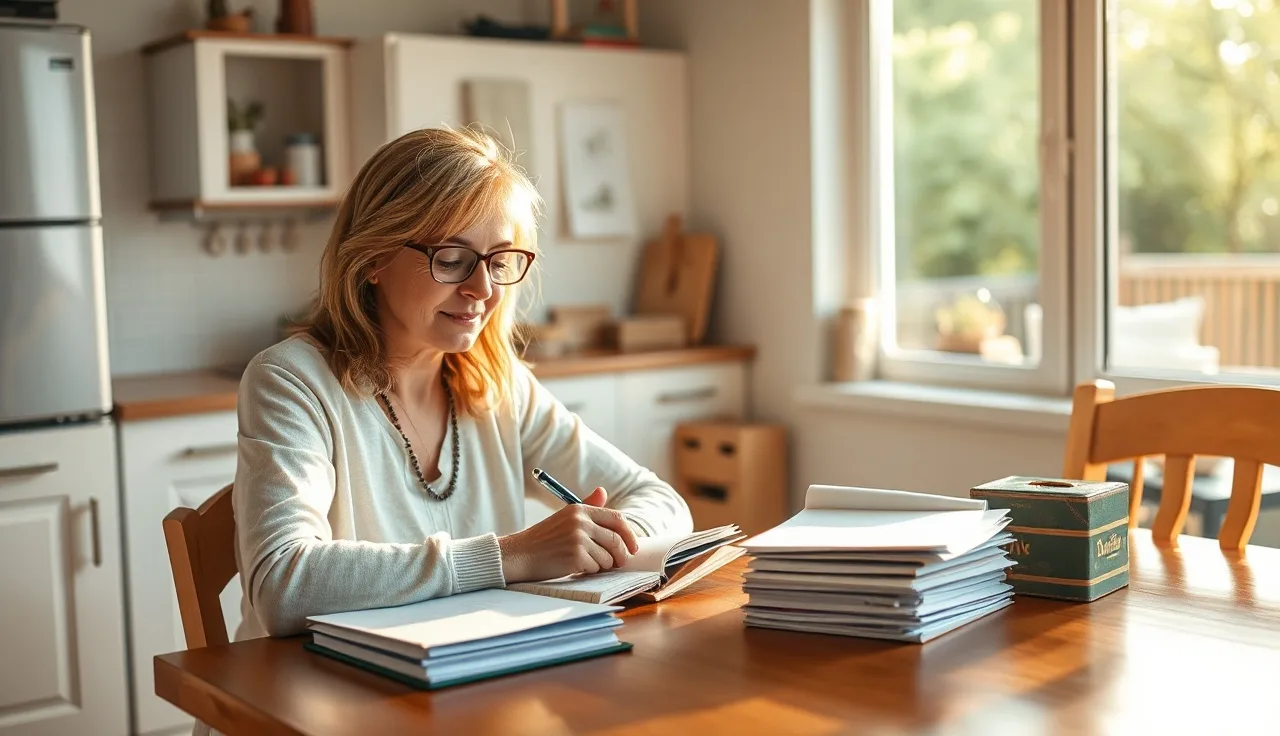 A childcare provider reviewing paperwork for CDA credential renewal at home