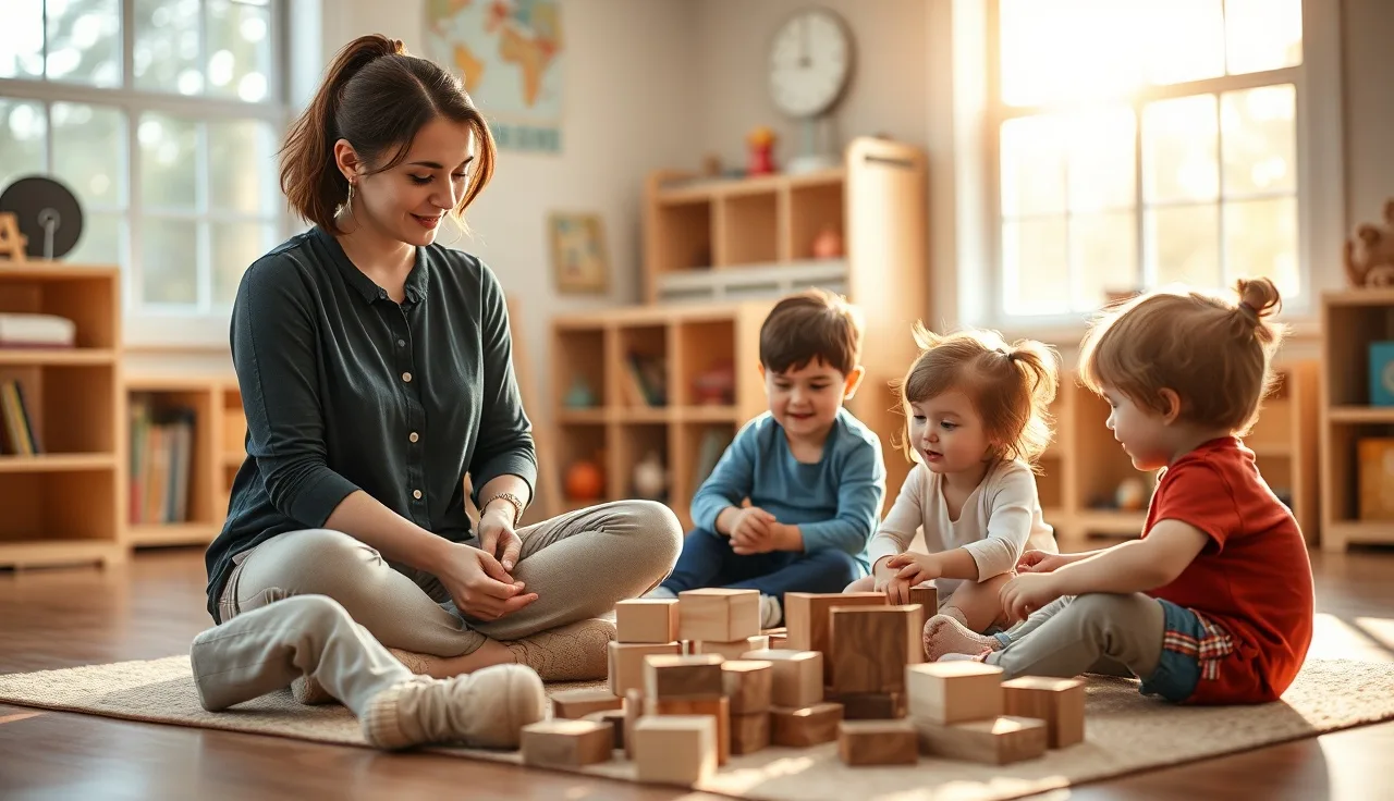 Early childhood educator on classroom floor with toddlers using wooden blocks
