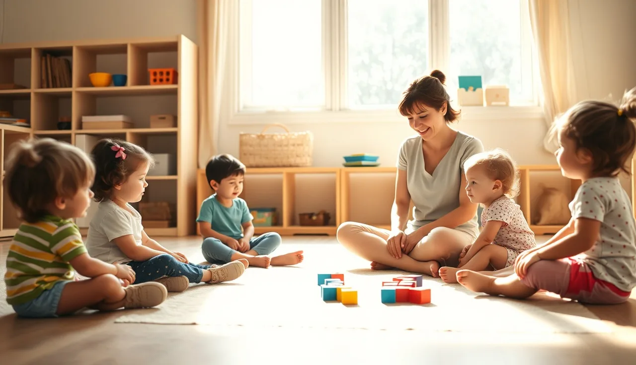 Early childhood teacher on classroom floor engaging toddlers during free play activity