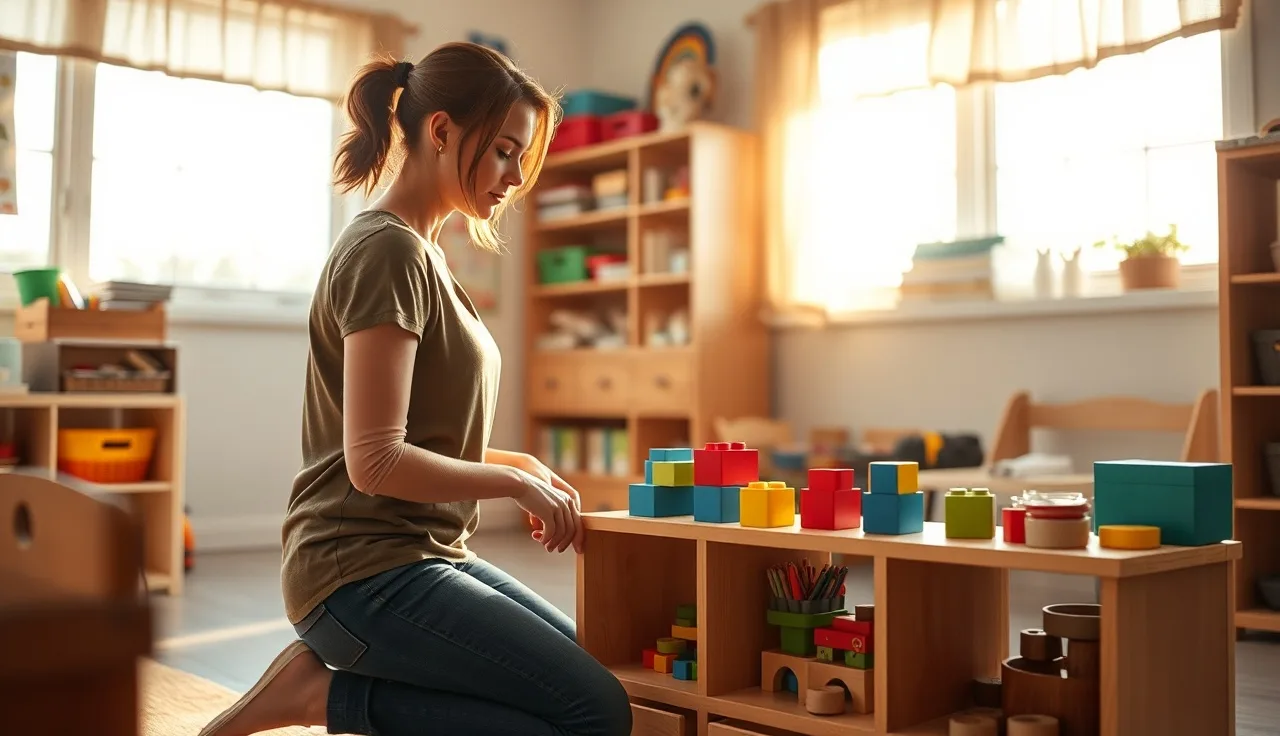 Child care teacher arranging blocks in a small Tennessee daycare classroom