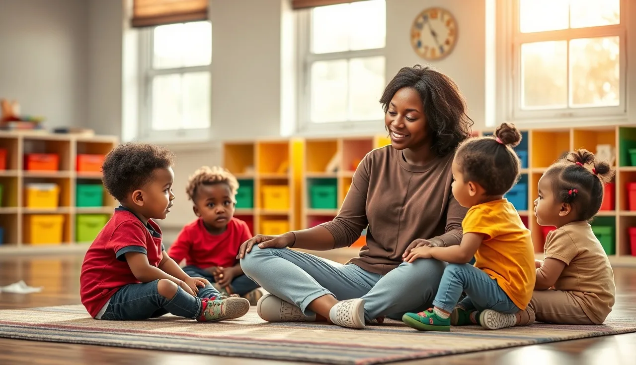 A child care teacher working with toddlers in a licensed center classroom