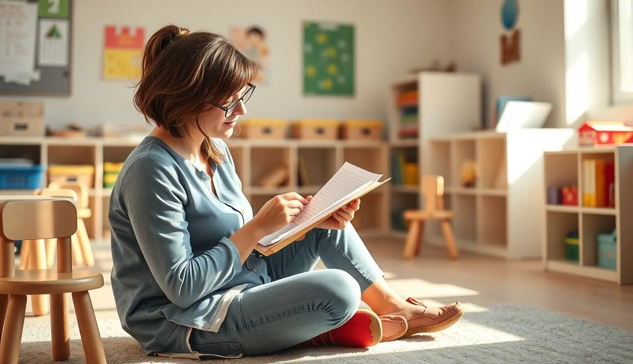 Early childhood teacher reviewing CDA training notes on a classroom floor surrounded by children's learning materials