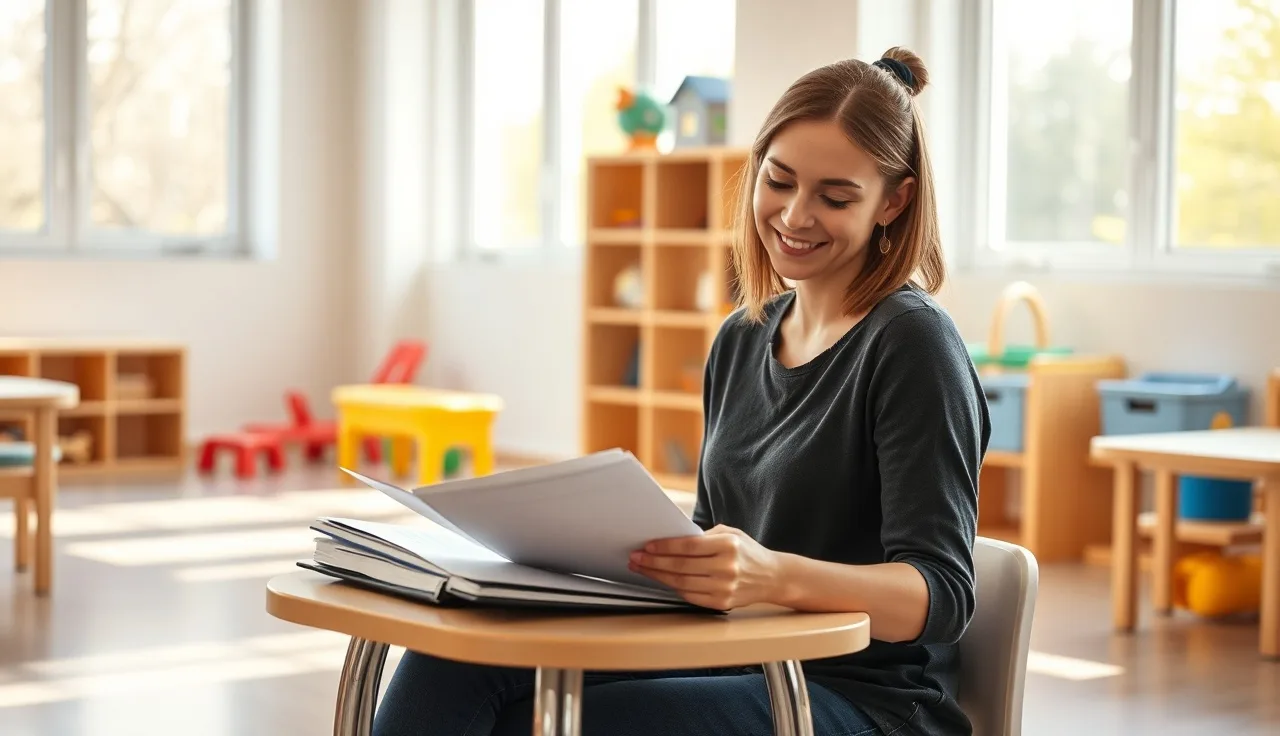 Early childhood teacher reviewing CDA credential training materials at classroom table