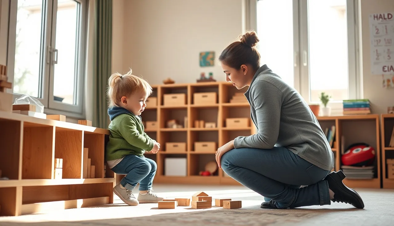 Early childhood educator kneeling beside a child in a daycare classroom