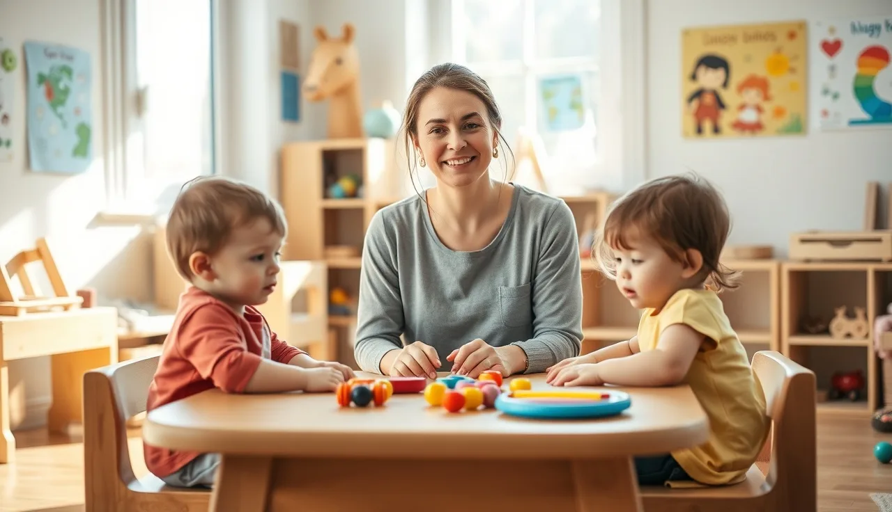 Home daycare provider working with toddlers at a low table in a sunlit playroom