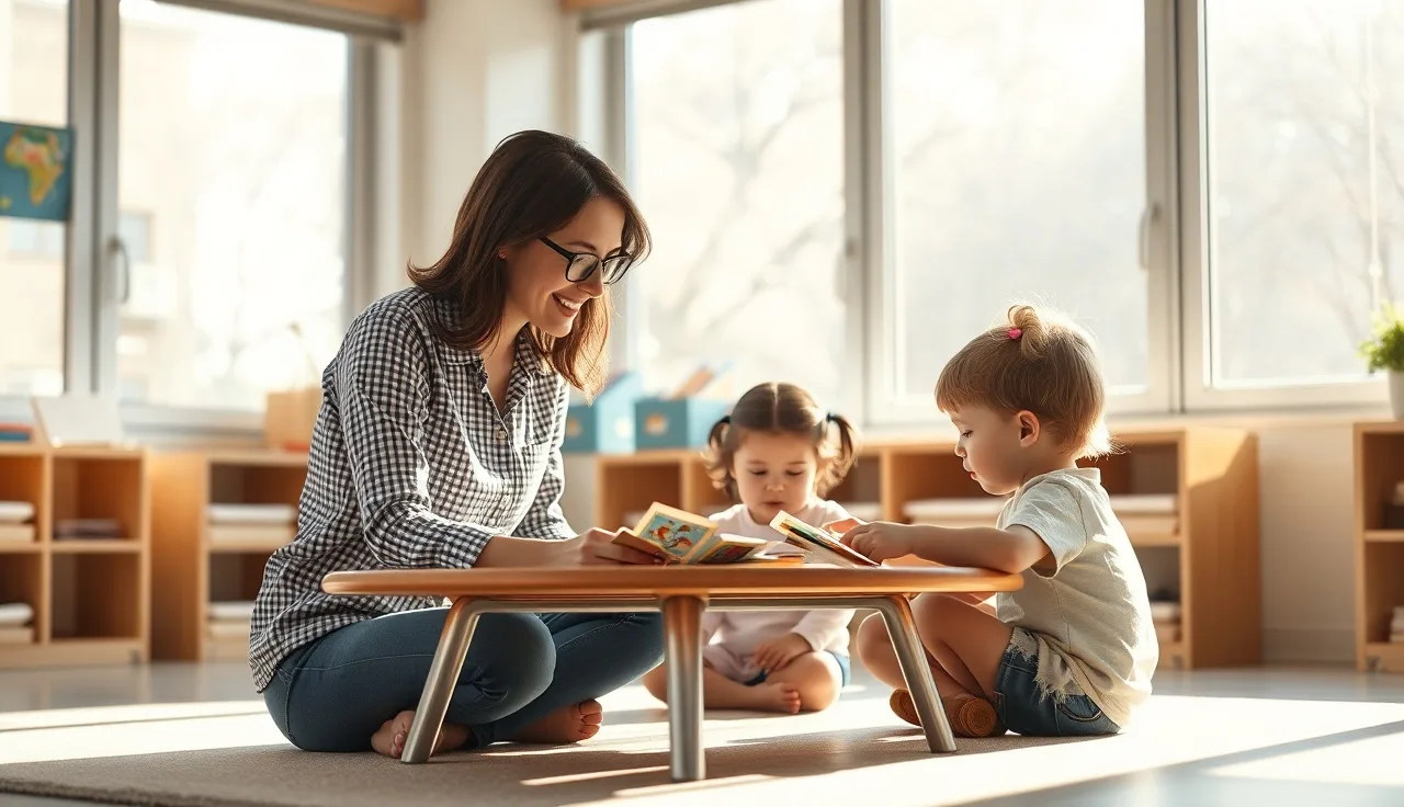 Early childhood educator working with toddlers at a classroom table earning CDA credential