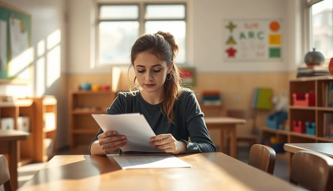 Early childhood educator reviewing credential paperwork at a classroom table