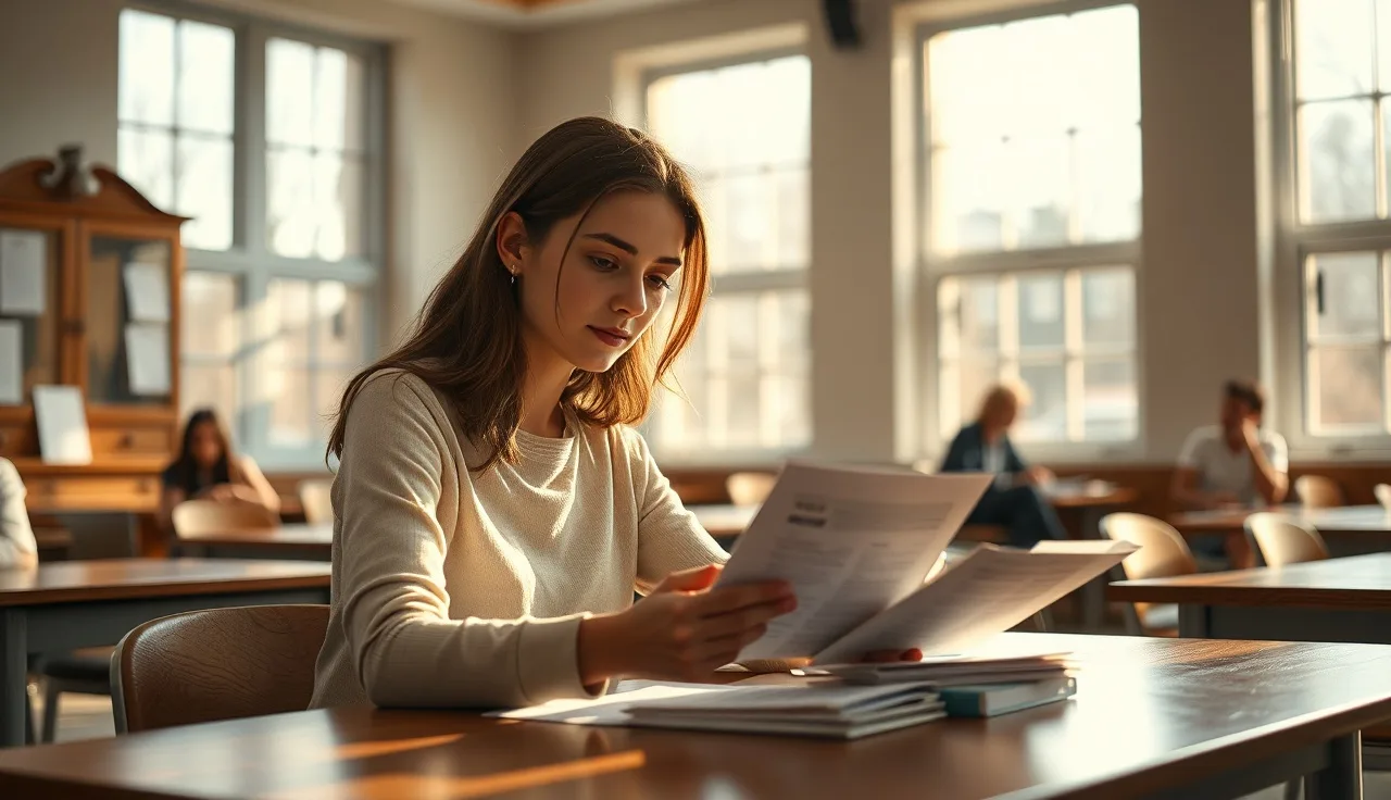 Early childhood educator reviewing CDA credential coursework materials at a sunlit desk