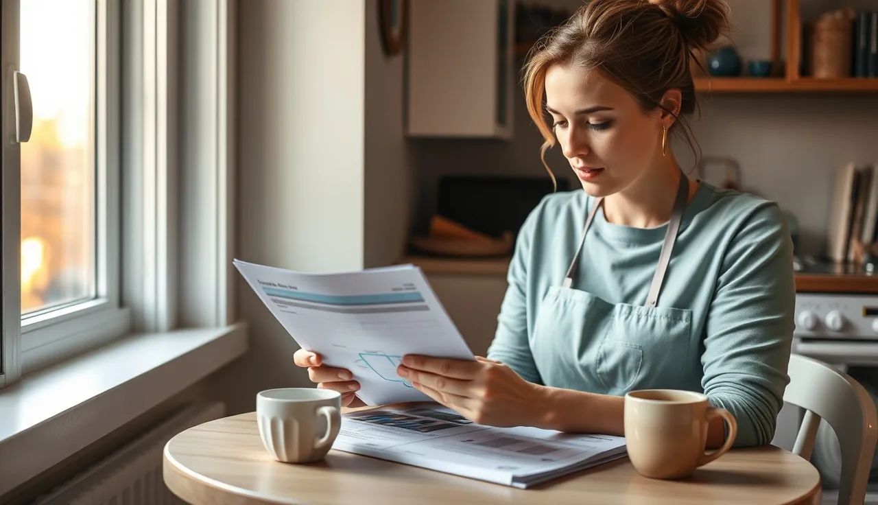 Childcare provider reviewing CDA credential paperwork at kitchen table