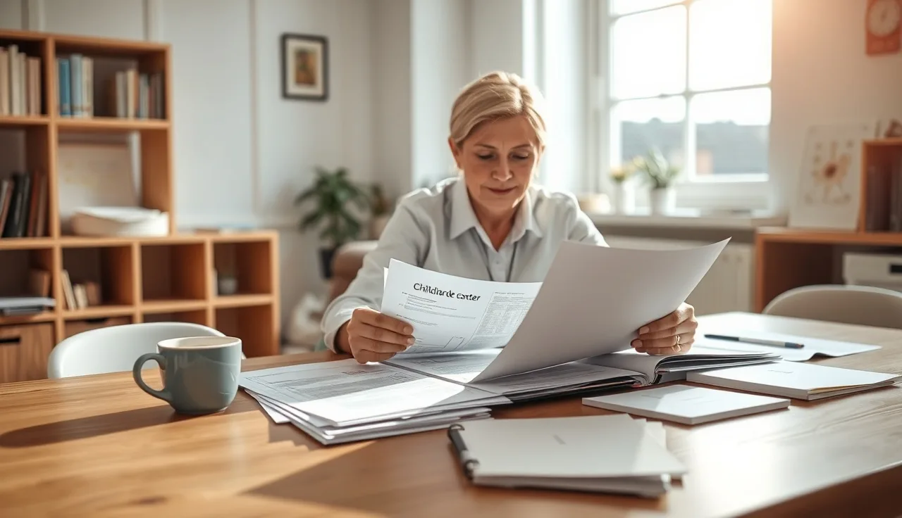 Childcare center director reviewing professional credential documents at an office desk
