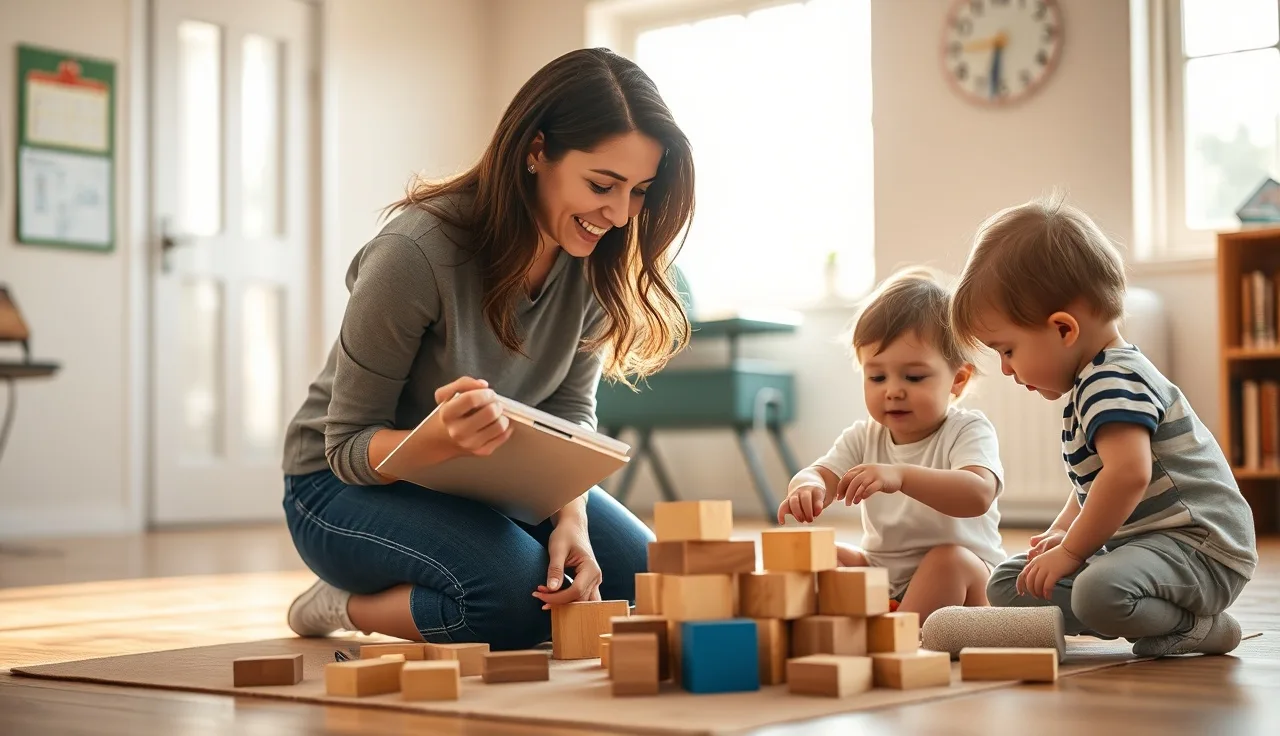 Early childhood educator observing toddlers playing with blocks in a sunlit classroom