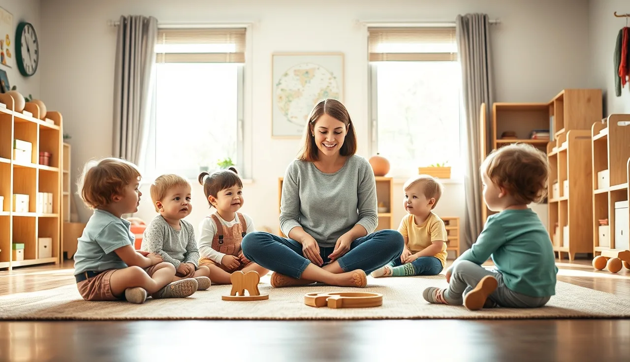 Childcare educator sitting with toddlers on classroom floor during circle time