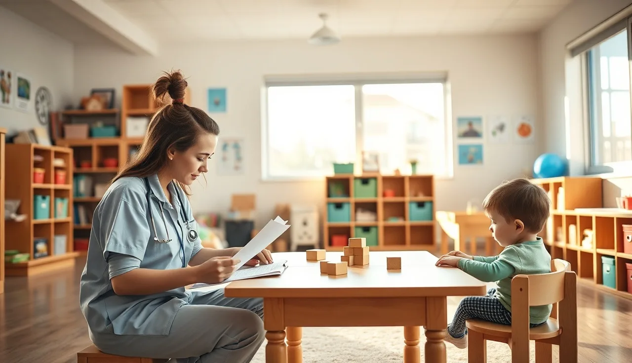 Daycare caregiver reviewing staff qualification documents in a toddler classroom