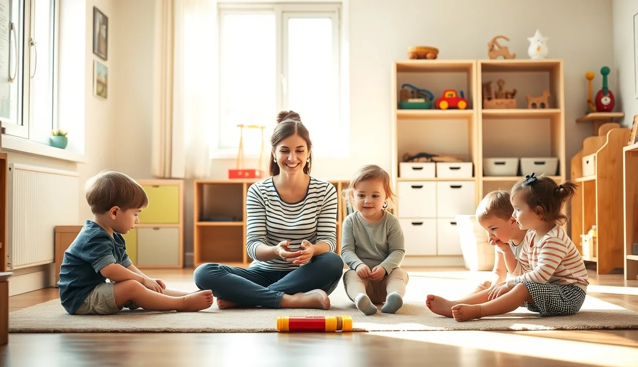 Early childhood educator on classroom floor with toddlers during play time