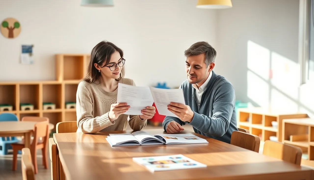 Daycare director and employee reviewing an employment contract at a classroom table