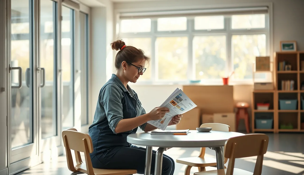 Daycare teacher reviewing a printed contract at a classroom table in morning light