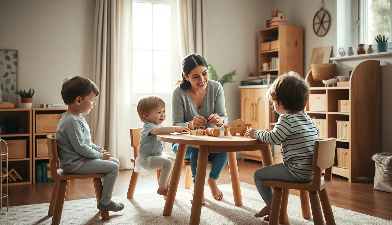 Childcare provider working with two toddlers at a table in a home daycare setting
